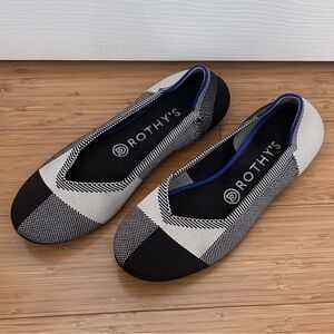 Rothys Black Off White Buffalo Plaid Round Cap Toe The Flat Slip On Shoes 8